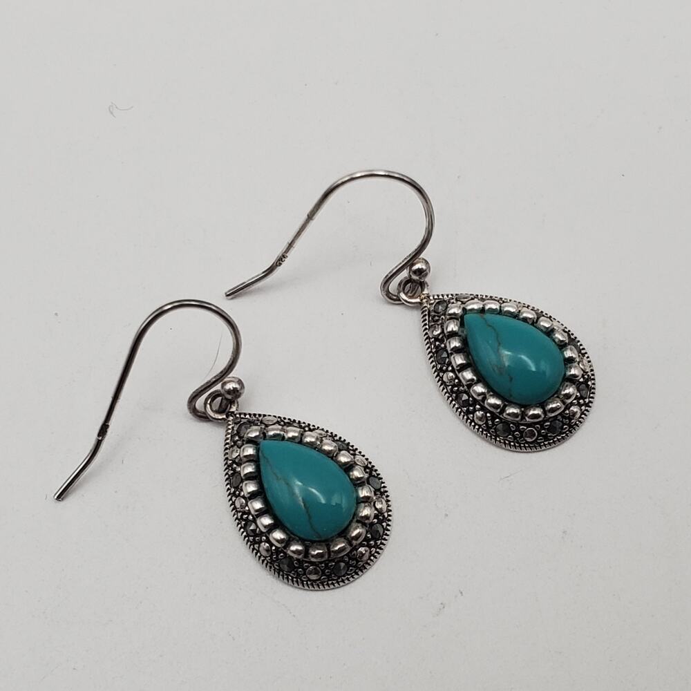SLC 925 Vintage Sterling Silver Marcasite Turquoise Dangle Earrings Teardrop - Picture 3 of 9